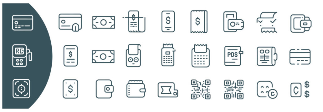 Collection of financial and payment method line icons for banking and pos systems