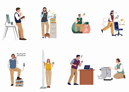 A collection of office workers engaging in various personal activities, hobbies, and leisure tasks while in a professional work environment.