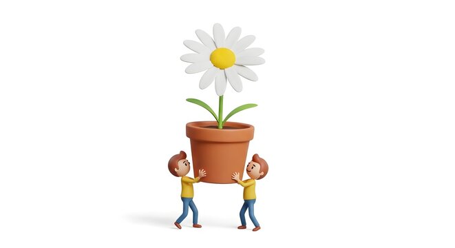 Two men carrying a giant daisy in a flower pot