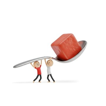 Two characters carrying a giant spoon with a meat cube