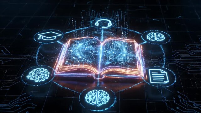 Digital online education concept with a glowing book and icons on a dark background...