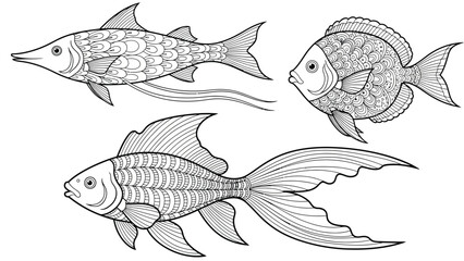 Set of three decorative fish illustrations with intricate patterns and flowing fins, artistic drawing of aquatic life in different styles. © hossain