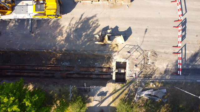 Aerial Top Down View of Underground Pipeline Replacement on City Street