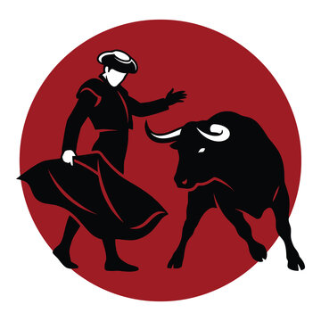 Man in traditional clothing fighting a bull in a circular red design icon