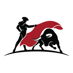 Matador and bull in a bullfighting scene with red cape icon