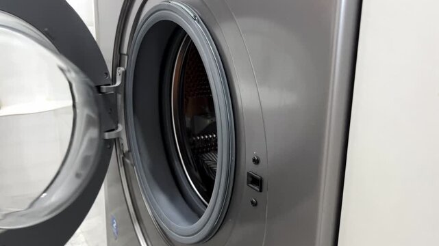 Man's hands opening the door of a modern washing machine, putting dirty clothes inside the drum, and closing the door to start the cycle
