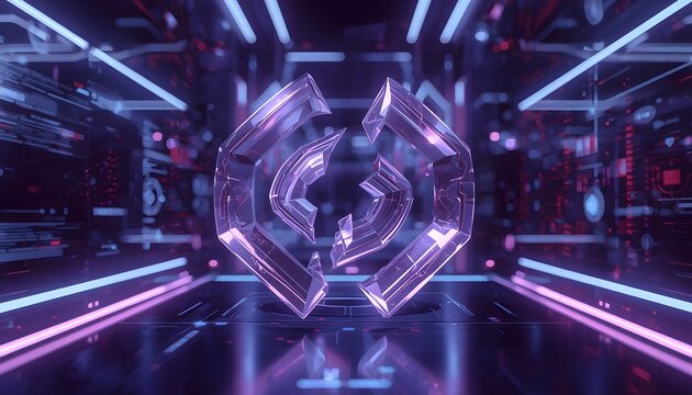 Broken chain symbol floats in futuristic neon-lit room