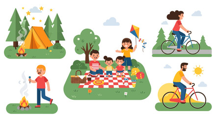 Obraz premium Collection of diverse illustrations depicting happy families and individuals enjoying various outdoor summer activities like picnics, camping, and recreational cycling amidst nature's beauty