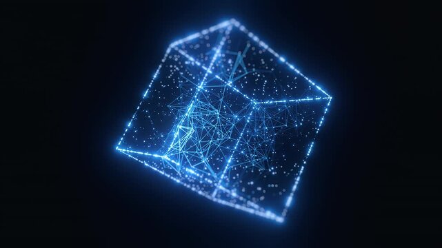 3D isometric blue glowing cube with network mesh wireframe and particle dots rotating on dark black background. Perfect for data science, digital transformation, technology, and futuristic concepts.