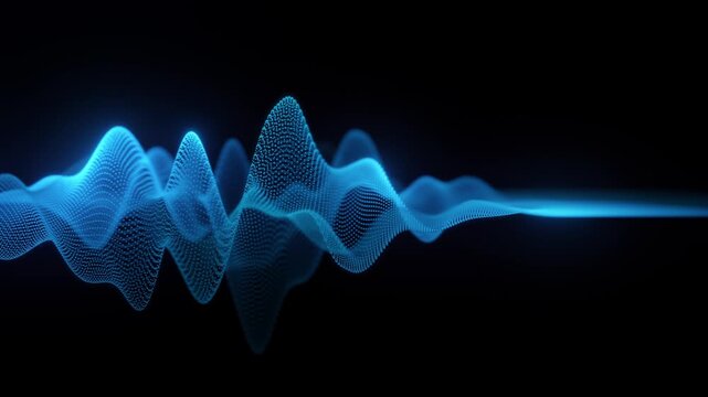 Glowing blue digital sound wave made of particles on dark background. Abstract technology visualization with dynamic waveform, data flow, and futuristic energy motion for science and innovation