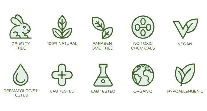 Green icons and text labels for eco friendly and organic product claims  cruelty free vegan natural paraben free toxic chemical free