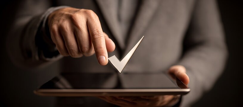 Businessman tick correct sign mark for document approve, project acceptance and quality assurance concept, take an assessment, questionnaire, evaluation, online survey, online exam, checklist.