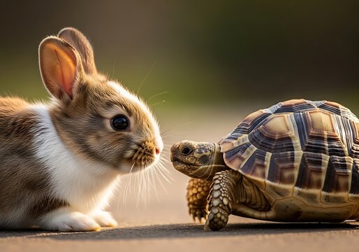 A closeup encounter between a rabbit and a tortoise