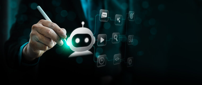 AI chatbot workflow automation concept with business professional using digital assistant interface showing prompt task integration communication analytics coding and smart productivity management