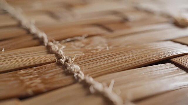 Closeup macro shot of woven bamboo texture with twine detail.