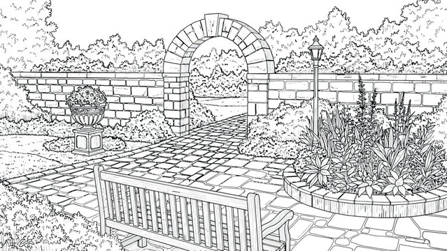 Garden path with stone wall and arched gateway leading to serene landscape view with blooming flowers on decorative flowerbed bench and lantern line art page.