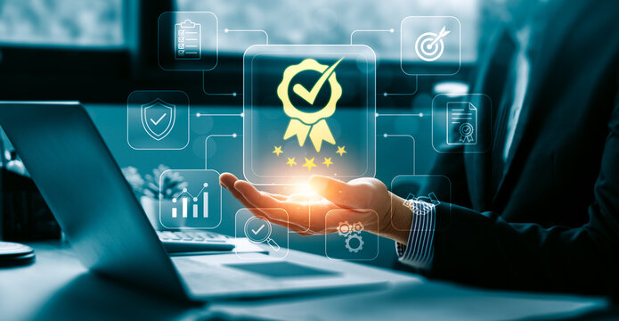 Quality certification management concept with digital award badge interface showing quality assurance checklist audit control compliance standards and corporate performance review