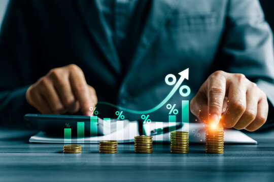 Compound interest growth concept with stacked coins percentage chart and rising arrow showing investment return savings strategy profit increase and long term wealth planning