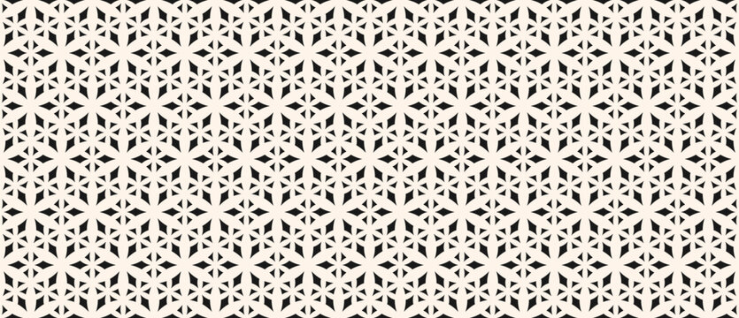 Vector black and white geometric seamless pattern with diamonds, triangles, floral shapes. Simple minimal ornament texture. Modern abstract background. Repeating design for wallpaper, print, textile