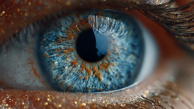 Macro view of a beautiful woman's eye with glitter makeup blinking and looking at the camera