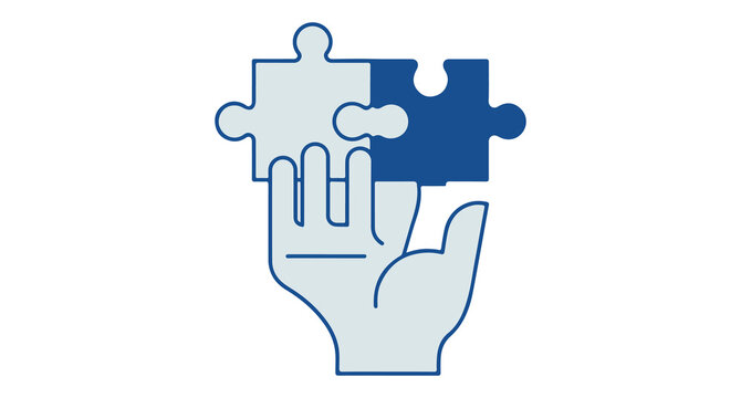 Hand holding two interlocking puzzle pieces in blue and gray colors  symbolizing problem solving and teamwork