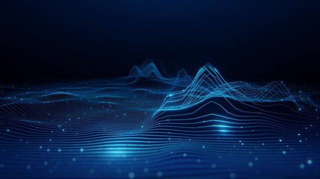 Abstract 3D digital terrain with glowing blue lines and particles on deep dark background. Futuristic data landscape representing big data, AI analytics, network connectivity, and advanced technology.