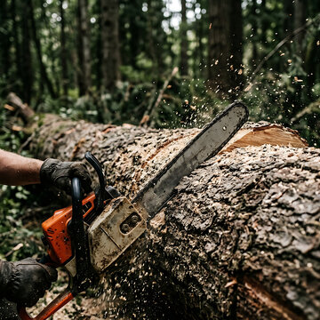 A chainsaw cuts through a large log in a forest setting.