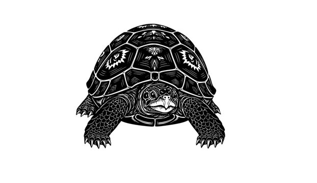 Detailed black turtle with patterned shell walking forward, reptile with textured skin and sharp claws, wildlife illustration, vector art, flat style, sticker design, isolated on white background See