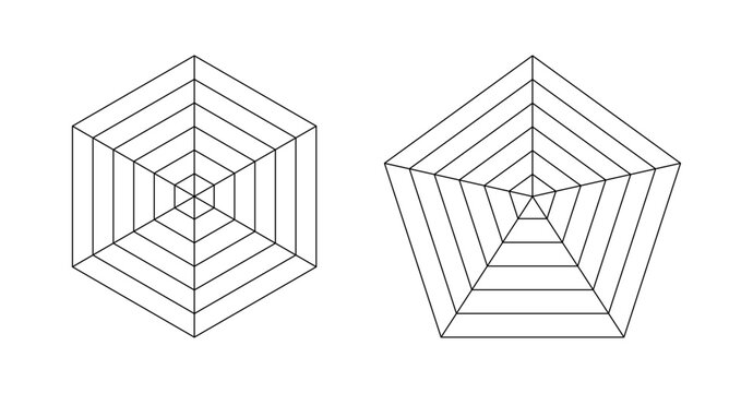 Diagram for analytics or statistic set. Spider, radar diagrams collection. Pentagon and hexagon graphs templates. Spider mesh. Flat grid 6 and 5 segments. Coaching tool. Blank radar chart, five and si