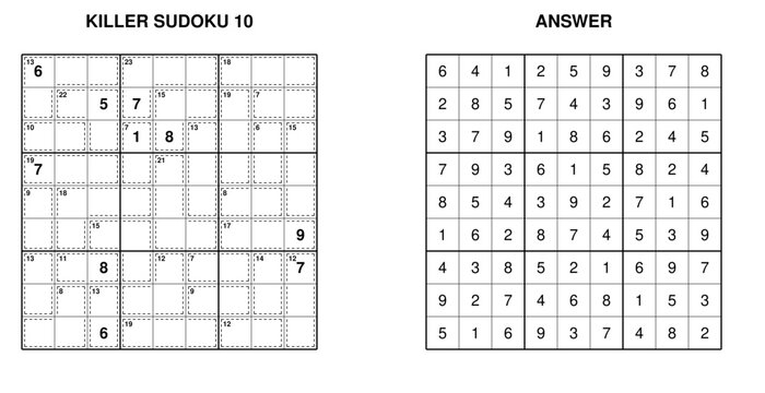 Killer sudoku puzzle and answer sheet for brain games