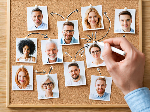 People connect with each other through pictures on a cork board during a team meeting in a bright office space