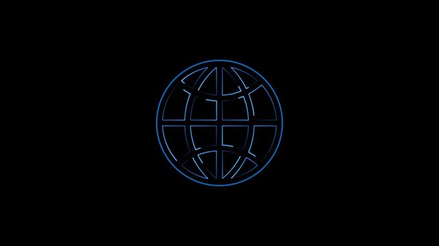 Glowing neon icon of a globe or world grid on a black background,  Geometric shapes. Globe icon animation World web icon, earth globe icon. 4k motion video animation ,
