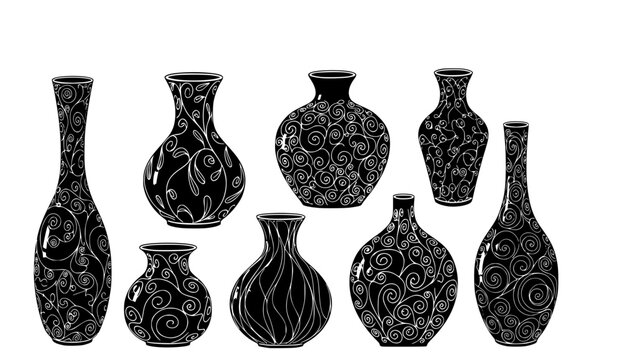 Diverse collection of eight elegant decorative black vector vases, each featuring unique intricate scrollwork, organic, isolated on white background
