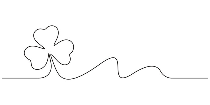 Clover continuous line drawing for Saint Patrick's Day and Irish luck branding. Minimalist vector illustration of a three leaf clover in a single line art style
