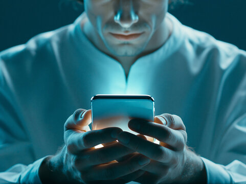 Man using smartphone in a dark space, exploring digital content on the screen at nighttime