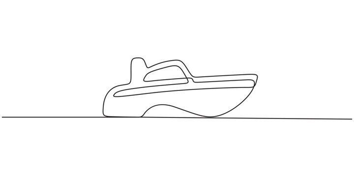 Speedboat continuous line drawing for luxury yacht charter and marine travel branding. Minimalist vector illustration of a modern motor speedboat in single line art style