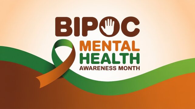 BIPOC Mental Health Awareness Month text with ribbon on a gradient beige and orange background.