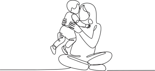 Fototapeta premium Continuous line drawing of a mother holding her baby sitting on the floor