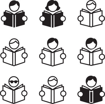 Black and white icons of people reading books in various poses and styles