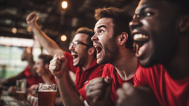 Group of male friends cheering for their team while watching football game in sports bar, celebrating score with beer drinks, excitement, nightlife and fan community atmosphere