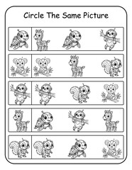 Naklejka premium STEM-inspired printable matching worksheets featuring robot animals for preschool and kindergarten. Children circle the identical picture in each row, developing visual discrimination and analytical t