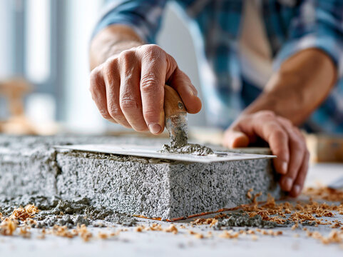 Worker uses trowel to spread concrete mixture on surface at construction site during daytime