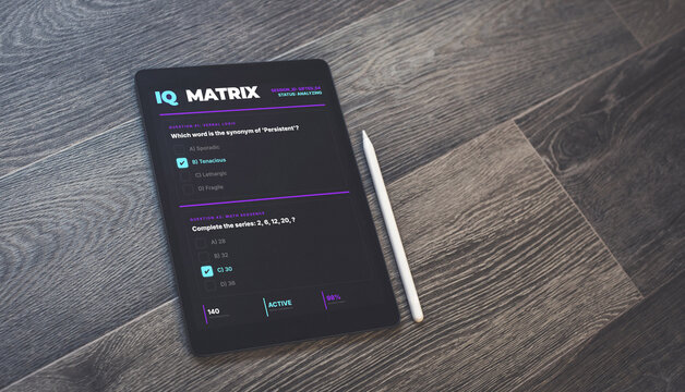 Digital IQ Matrix assessment on a tablet with copy space on a wooden background. A top view of a cognitive test and stylus pen, perfect for educational technology and neurodiversity layout design.