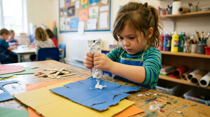 Fototapeta premium Girl student using glue on cardboard in art class. Creative child making craft project at school. Education, elementary development and artistic hobby concept for kids activity.