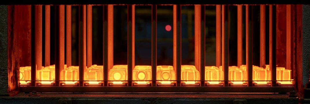 Medium shot of parts arranged on racks inside a heat treatment furnace line glowing as they undergo controlled carburizing to enhance surface hardness and wear resistance.