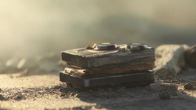 Alien technology gadget displaying intricate mechanical details, lying on a desolate ground with smoke and debris, suggesting a post apocalyptic or futuristic setting of unknown origin