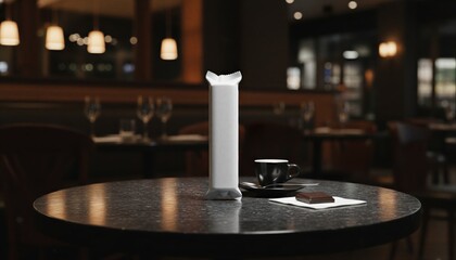Obraz premium Sleek white cookie wrapper on dark marble table in moody bistro