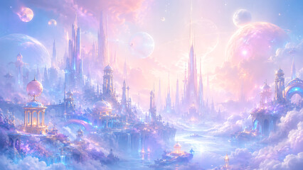 Obraz premium Floating city in pastel skies