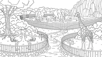 Zoo park coloring page illustrates elephants giraffes and ostriches in fenced enclosures with river landscape for educational children activity book art. © hossain