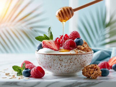 Breakfast bowl with yogurt, berries, granola, and honey on a table with sunlight and greenery in the background